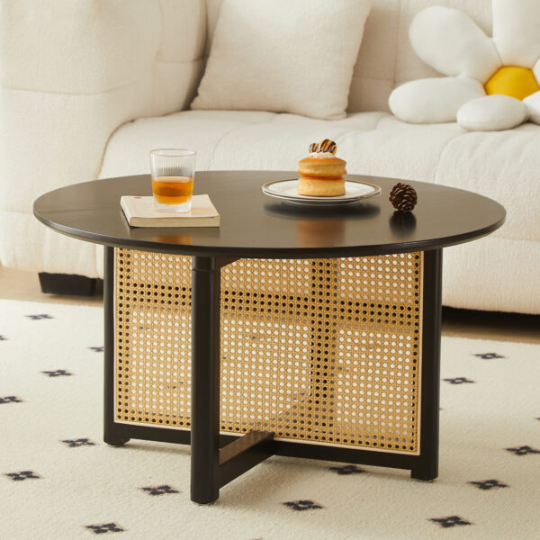 db85bf8519f8476aa7ea438c3defbc2a_9852fb8848e03640b05de2622ae9d77e Mid-century wooden coffee table with PE cane stand, 31.5-inch round solid wood Bohemian style coffee table, unique central cocktail table for living rooms, apartments and offices