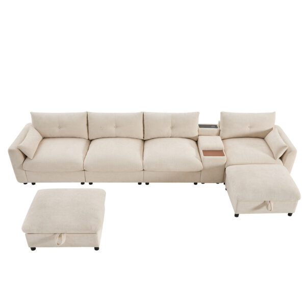 142'' Modular Sectional Sofa with Movable Storage Ottoman and Console,Cup Holder,Wide Seat,6 Seat U Shaped Couch,Oversized Chenille Sofa with USB Charger for Living Room,Apartment,2 Colors