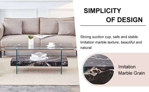 dba56c23185c4ece921bc05cf6311d16_a5e08f2e649960de6654c47edede6976 43.3 Inch Modern Two-Tier Coffee Table - An Elegant Combination of Clear Glass and Black Marble Pattern.It can be used not only as a coffee table but also as a side table or display stand.
