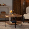 Round two-ply Coffee Table Handcrafted Relief Sturdy Pedestal Wooden Olive-Shaped Tea Table for Living Room