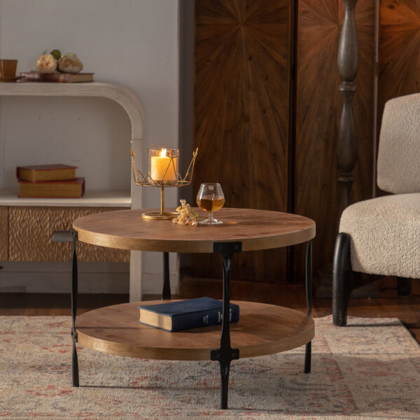 dbb7375579464472b3f472fd0a5df26c_eefed452499e183059d82ba617c01c8c Round two-ply Coffee Table Handcrafted Relief Sturdy Pedestal Wooden Olive-Shaped Tea Table for Living Room