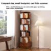 (UPGRADED) Rotating Bookshelf, 360 Display Corner Bookshelf for Small Space, 6 Tier Bookcase Storage Rack with Wheels, Wood Narrow Organizer for Bedroom, Living Room, Study Room, Walnut Brown, Shelves