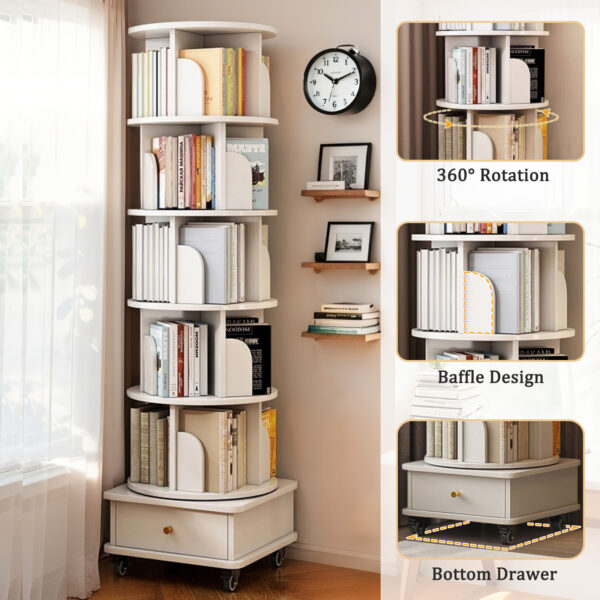 6 Tier Rotating Bookshelf, 360° Display Round Spinning Bookshelf with Wheels and Drawer, Space-Saving, Small Space Rotating Bookshelf Tower for Bedroom, Living Room, Home, Office, Warm White