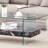 43.3 Inch Modern Two-Tier Coffee Table - An Elegant Combination of Clear Glass and Black Marble Pattern.It can be used not only as a coffee table but also as a side table or display stand.