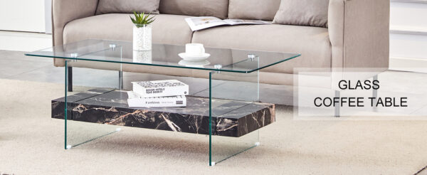 dcb2eec7113b4ae4be9199d120a08d9c_02f7040269aa9bb71c76ef479d6b1318 43.3 Inch Modern Two-Tier Coffee Table - An Elegant Combination of Clear Glass and Black Marble Pattern.It can be used not only as a coffee table but also as a side table or display stand.