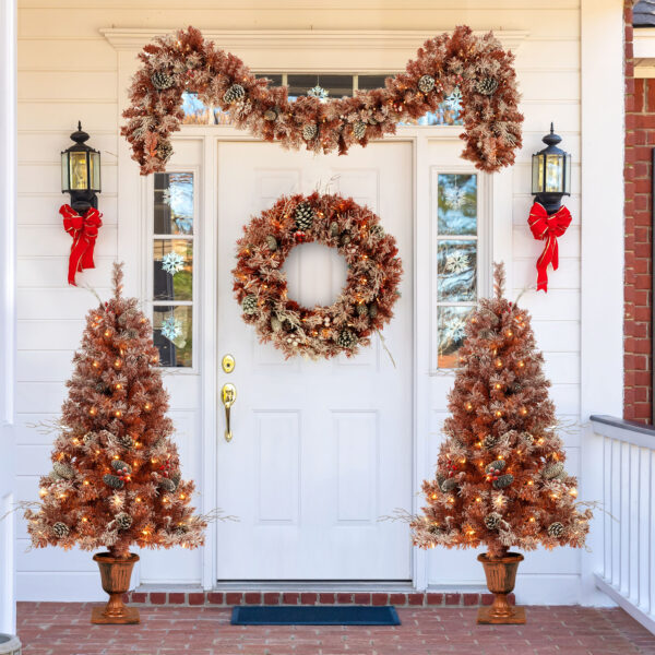 dd0aaa8bf1b44facb8dd05882c12df0d_20230925_c49cd689361a01953f1bd08f3fee7473 GO 4-Pieces Set Artificial Christmas Tree, Brown Needles with flocking, with Warm Lights, pine cones and berries, Artificial Tree for door and fireplace