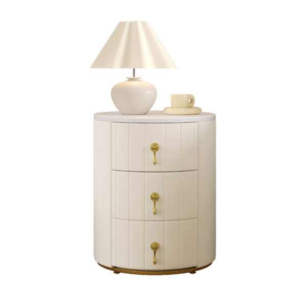 Upholstered Nightstand with 3 Drawers, Round Bedside Table with Metal Handles,Marbling Stickers Top Night Table for Bedroom, Fully Assembled Except Handles, Beige