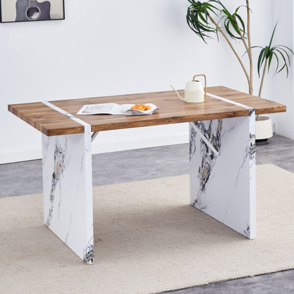 dd9e5091d9204d28b22c256414664307_00c6cd81d6a1ed7345e9d39c89c6961e Natural Wood Grain MDF Dining Table - 55"x31.5" Stable Design.Suitable For Various Modern Home Decor Styles.Splicing structure design,Wood Textured Desktop,White Marble Patterned Table Legs.