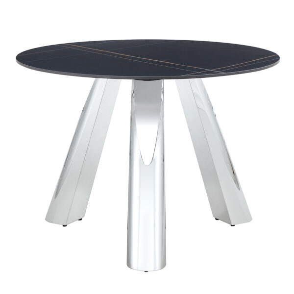 de70ef51cb1648bdafa5252a6900af09_8f8aa192c90832c32901e33da707452f A 42-inch burn stone round table with stainless steel legs can accommodate 4 or 6 diners
