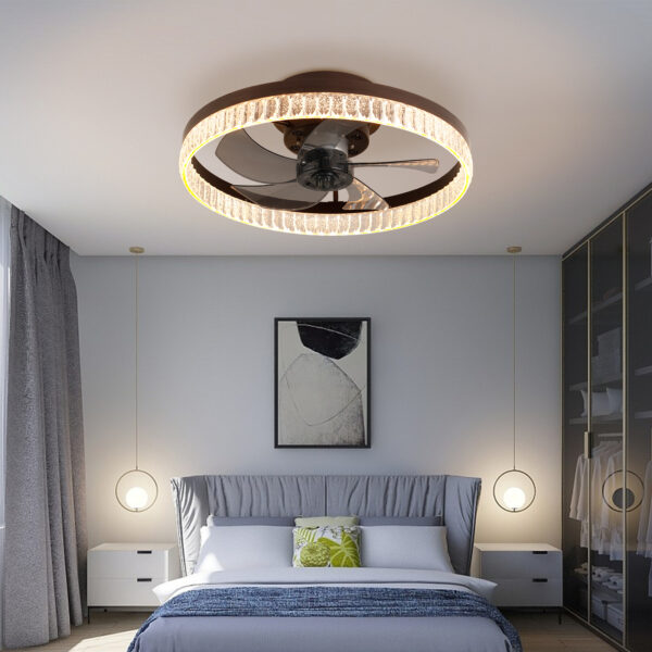 20" Brown Ceiling Fan with LED Light – Modern Flush Mount Fan Light for Bedroom, Living Room, and Home Décor with Crystal Ring Design