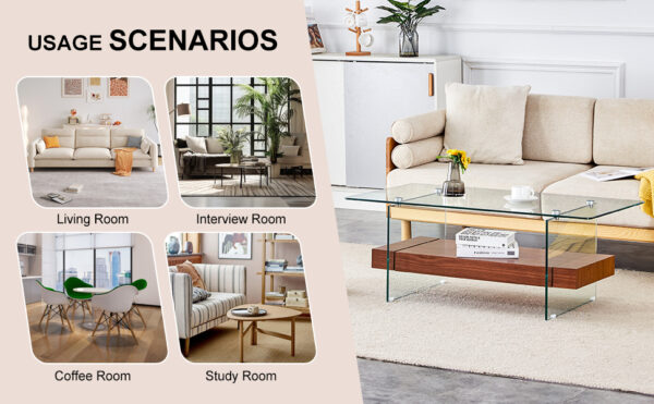 df0dc78c14bf44e48895dbda07a7bbe6_f1e6a3f0975b84cdd4d9cbf0b507d6dc 43.3 Inch Modern Two-Tier Coffee Table - An Elegant Combination of Clear Glass and Dark Wood Texture Sticker.It can be used not only as a coffee table but also as a side table or display stand.