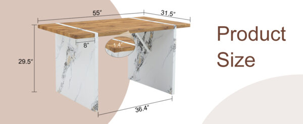 df547b2b7a65433cab80c3c3b9d8a4b5_cc8cebe48caf74eabe66071369b2c57e Natural Wood Grain MDF Dining Table - 55"x31.5" Stable Design.Suitable For Various Modern Home Decor Styles.Splicing structure design,Wood Textured Desktop,White Marble Patterned Table Legs.