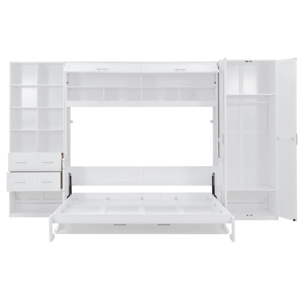 Queen Size Murphy Bed Wall Bed with Closet , Drawers and Shelves, White