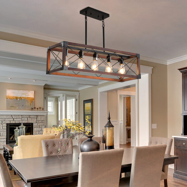 (Same as W1340P155968/L1011-RW) 32" Red Wood Industrial Farmhouse Rectangle Pendant Light, 5-Light Chandelier for Dining Room, Kitchen Island, Cafe Decor (No Bulbs)