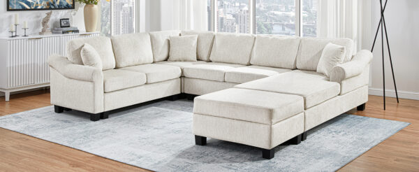 Sectional Sofa 111.8" U-shaped Sofa Chenille Upholstered Sofa Couch with Movable Storage Ottoman for Living Room, White