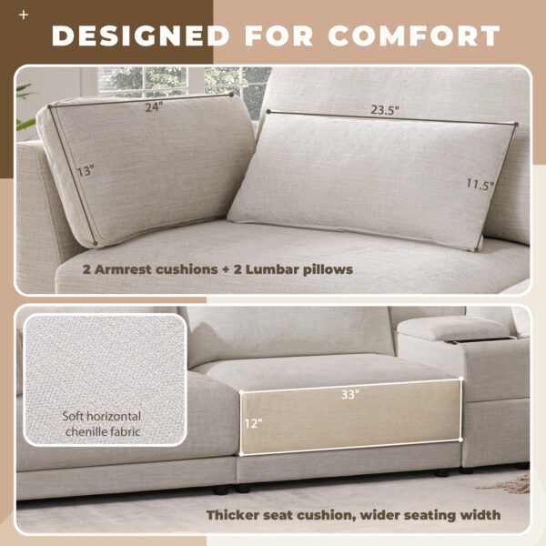 [VIDEO+NEW]124'' Modular Sectional Sofa with Storage Console and Movable Ottoman,33'' Wide Seat,4 Seat L Shaped Chenille Couch,Reversible Comfy Sofa with USB Charger for Living Room,Apartment,2 Colors