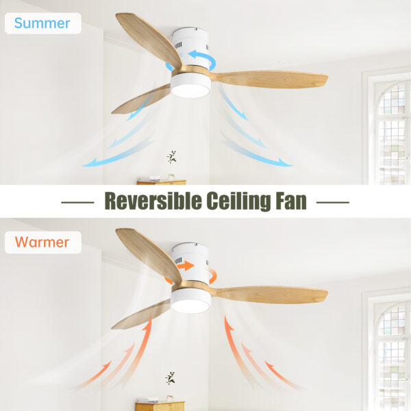(Same as W882P244711) 52 Inch Flush Mount Ceiling Fan DC 3 Solid Wood Fan Blade Noiseless Reversible Motor Remote Control With Light