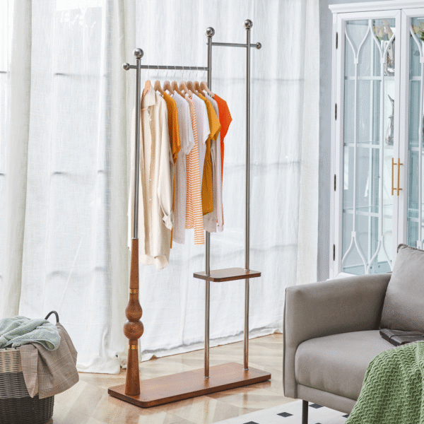 70" Industrial Coat Rack, Solid Wood & Silver Stainless Steel Clothing Rack, Double Layer Hanger for Coats, Hats, Bags, Shoes, Vintage Wood Grain (34.6" Wide)