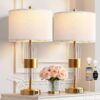 Bedside Table Golden Lamp For Living Room With USB Ports, Set Of 2 With Touch Control, Modern Nightstand White Drum Lamp Shade Bedrooms Home Office Light Decor (2700K LED Bulb Included)