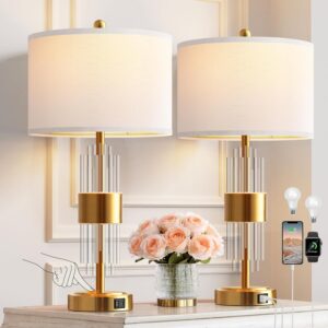 Bedside Table Golden Lamp For Living Room With USB Ports, Set Of 2 With Touch Control, Modern Nightstand White Drum Lamp Shade Bedrooms Home Office Light Decor (2700K LED Bulb Included)