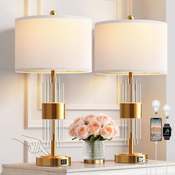 e03ea64d20574c578d769811aa807799_40578006530a69a2838c3816273e0602 Bedside Table Golden Lamp For Living Room With USB Ports, Set Of 2 With Touch Control, Modern Nightstand White Drum Lamp Shade Bedrooms Home Office Light Decor (2700K LED Bulb Included)