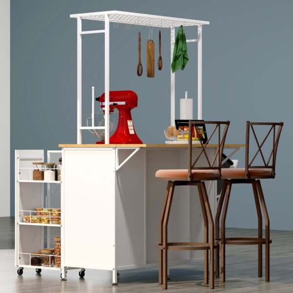 Kitchen Island with Storage Space, Breakfast Bar with Folding Flip-Up Panel, Large Storage Cabinet Shelves and Drawers, Large Coffee Bar Table with Hooks, White