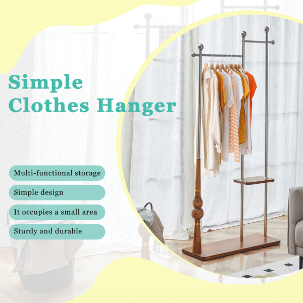 70" Industrial Coat Rack, Solid Wood & Silver Stainless Steel Clothing Rack, Double Layer Hanger for Coats, Hats, Bags, Shoes, Vintage Wood Grain (34.6" Wide)