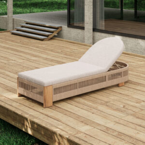 Outdoor Chaise Lounge Chair, Acacia wood Pool Chair with Adjustable Backrest and Cushion, Outdoor Lounge Chair for Beach, Yard, or Poolside (Beige rope)