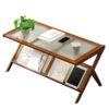 Rattan Coffee Tables for Living Room, Mid Century Modern Coffee Table with Glass Top, Large Boho Center Table with Storage, Brown