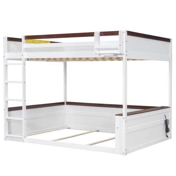 Queen Size Wooden Bunk Bed with Built-in Shelves,Storage Box,LED Light and USB Charging Station,White(ETA:6/30)