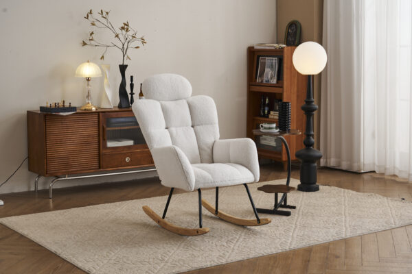 055-Teddy Fabric Upholstered Nursery Rocking Glider Chair Modern Accent Armchair Padded Seat with High Backrest and Pillow for Living Room Bedroom (Ivory)