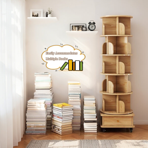 6 Tier Rotating Bookshelf, 360° Display Round Spinning Bookshelf with Wheels and Drawer, Space-Saving, Small Space Rotating Bookshelf Tower for Bedroom, Living Room, Home, Office, Wood Color