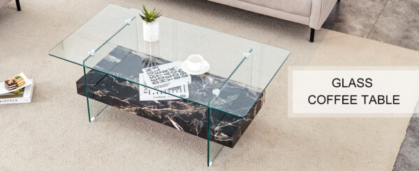 e3c0a1f3368a4ee7b1be3b261b36a3f2_ae8294fd369a793704ed35b253554914 43.3 Inch Modern Two-Tier Coffee Table - An Elegant Combination of Clear Glass and Black Marble Pattern.It can be used not only as a coffee table but also as a side table or display stand.