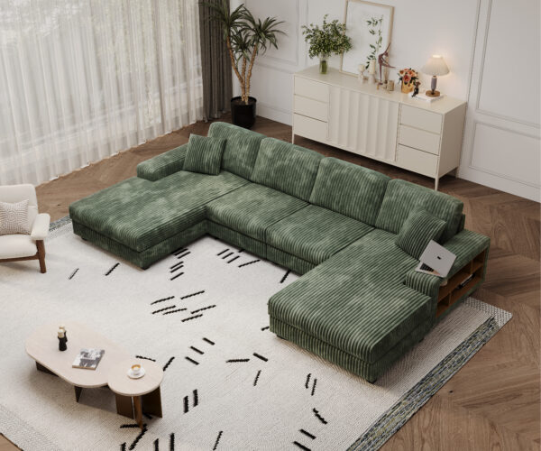 Convertible U-shaped Combination Sofa, Corduroy Fabric, Modern Comfortable Large Size 4 Seat Sofa, Living Room Double Lounge Chair ,Green