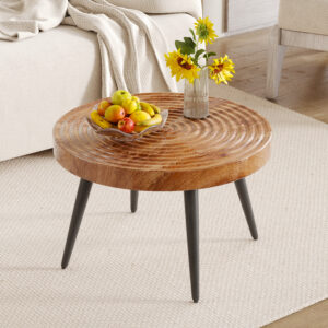 Natural Wood Grain Texture Round Coffee Table - Diameter 23.6 Inches.Exquisite Suction Molding Process,Natural Wood Grain Texture,Black Sprayed Metal Leg.