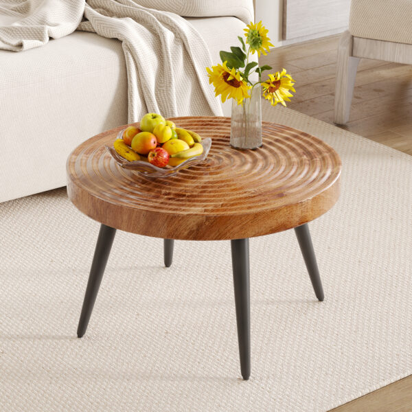 e43e4f44319f4771b467aed33929303d_a89e7723624f0b3ee5889f1fa5d3cc9d Natural Wood Grain Texture Round Coffee Table - Diameter 23.6 Inches.Exquisite Suction Molding Process,Natural Wood Grain Texture,Black Sprayed Metal Leg.