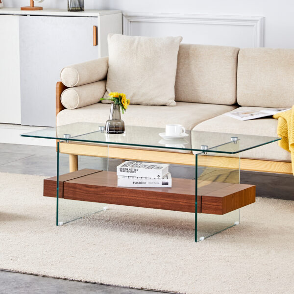 e4a72da953f24abfa647f444497bd4b9_ce65ab805d9237f6964f2bc267bdcc85 43.3 Inch Modern Two-Tier Coffee Table - An Elegant Combination of Clear Glass and Dark Wood Texture Sticker.It can be used not only as a coffee table but also as a side table or display stand.