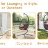 Indoor Outdoor Egg Swing Chair with Stand, Patio Grey Wicker Rattan Hanging Chair with Rope Back, Cushion,Cover,All Weather Foldable Hammock Chair for Bedroom, Porch, Garden