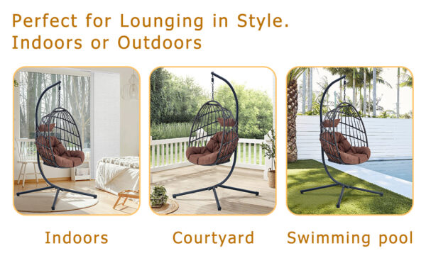 Indoor Outdoor Egg Swing Chair with Stand, Patio Grey Wicker Rattan Hanging Chair with Rope Back, Cushion,Cover,All Weather Foldable Hammock Chair for Bedroom, Porch, Garden