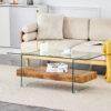 43.3 Inch Modern Two-Tier Coffee Table - An Elegant Combination of Clear Glass and Light Wood Texture Sticker.It can be used not only as a coffee table but also as a side table or display stand.