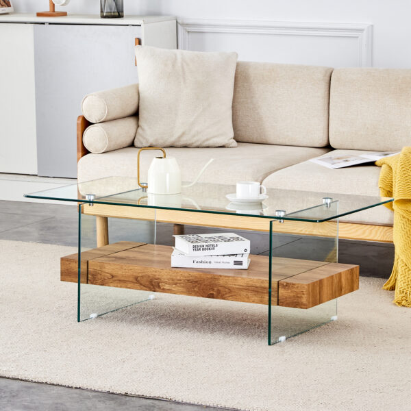 e4cddc75571d4632b7febe17a2b659ff_523ffbbfe67c7b6682ee8e27bd3151c8 43.3 Inch Modern Two-Tier Coffee Table - An Elegant Combination of Clear Glass and Light Wood Texture Sticker.It can be used not only as a coffee table but also as a side table or display stand.