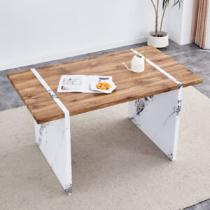 Natural Wood Grain MDF Dining Table - 55"x31.5" Stable Design.Suitable For Various Modern Home Decor Styles.Splicing structure design,Wood Textured Desktop,White Marble Patterned Table Legs.