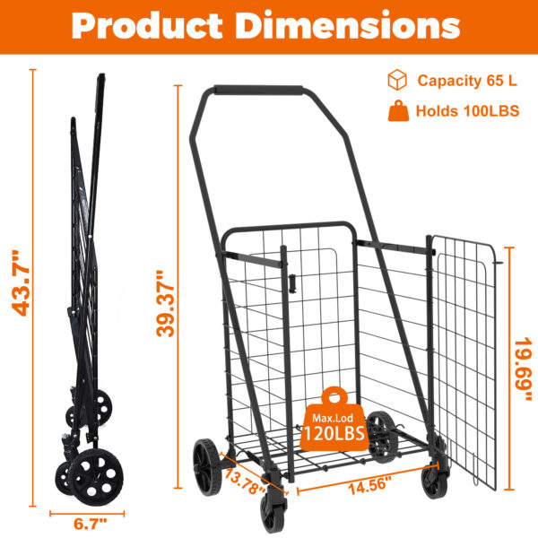Shopping Cart with open door,Grocery Cart on Wheels, Foldable Utility Shopping Carts with Double Basket and 360° Rolling Swivel Wheels for Groceries Laundry