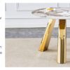 A 42-inch stainless steel white pattern burning stone round table with gold legs Round table suitable for 2, 4 or 6 people