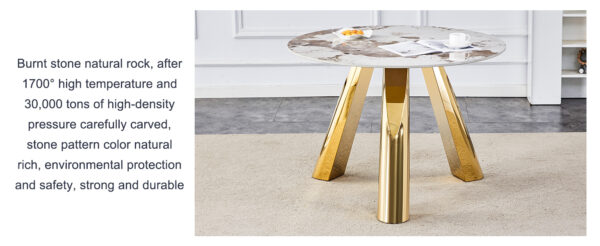 e5f3837e7252446da1b027fbc49f1fd0_f666dd4723308e74e53cbab0268cb574 A 42-inch stainless steel white pattern burning stone round table with gold legs Round table suitable for 2, 4 or 6 people