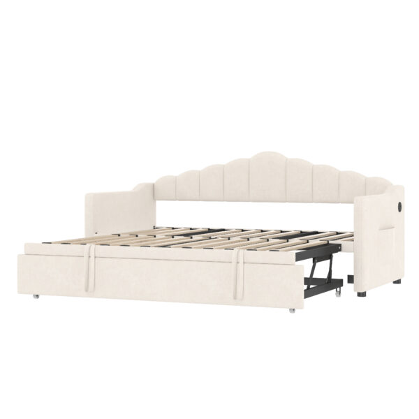Upholstered Twin Size Daybed with Adjustable Height Pop Up Trundle Twin Bed and USB & Type-C Charging Port, Day Bed Frame with 2 Side Pockets, No Box-Spring Needed, Beige