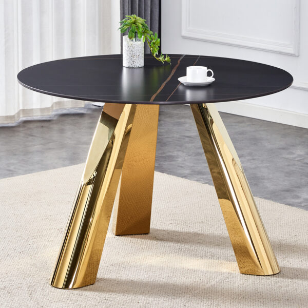 e6af3ab57501407ba2b5367b04a76408_e75df841acdc34663b9ca8d10ba41c4e The 42-inch stainless steel gold-plated flamed granite round table with seating for 4 or 6 people is perfect for dining, entertaining, or as a conference table