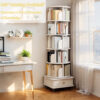6 Tier Rotating Bookshelf, 360° Display Round Spinning Bookshelf with Wheels and Drawer, Space-Saving, Small Space Rotating Bookshelf Tower for Bedroom, Living Room, Home, Office, Warm White