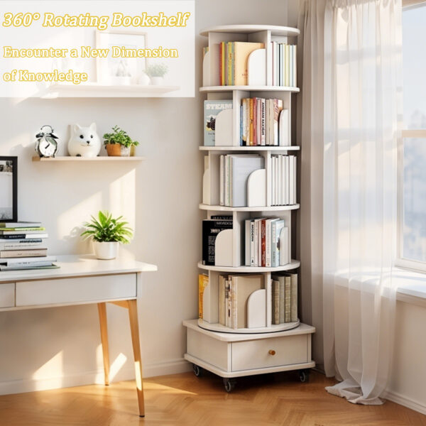 6 Tier Rotating Bookshelf, 360° Display Round Spinning Bookshelf with Wheels and Drawer, Space-Saving, Small Space Rotating Bookshelf Tower for Bedroom, Living Room, Home, Office, Warm White