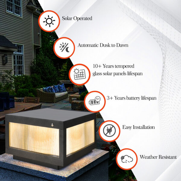 12" Black Solar Powered LED Post Cap Light, Modern Outdoor LED Fence Light for Pathways, Decks, and Patios (2-Pack)